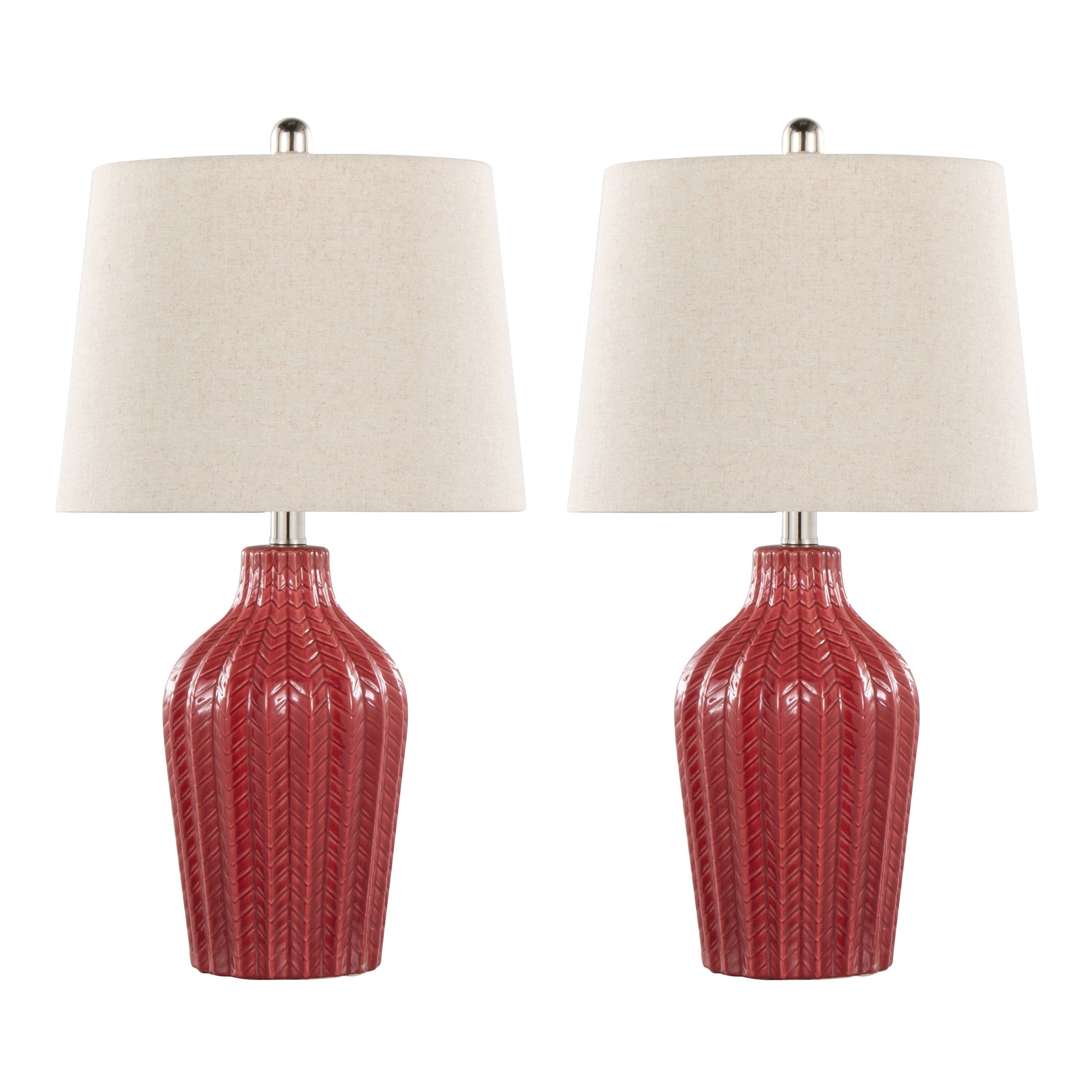 The Rockwell Contemporary Table Lamp set includes two matching lamps with textured red ceramic bases featuring a vertical chevron pattern and off-white fabric shades. Each lamp is topped with a metal finial and they are displayed side by side against a white background.