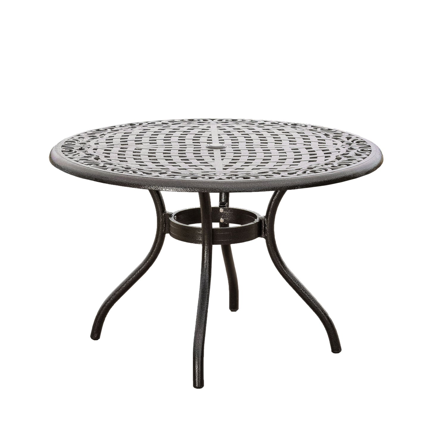 The Tranquilius outdoor round dining table features a black metal lattice tabletop, an umbrella hole, and four curved legs, shown on a white background.
