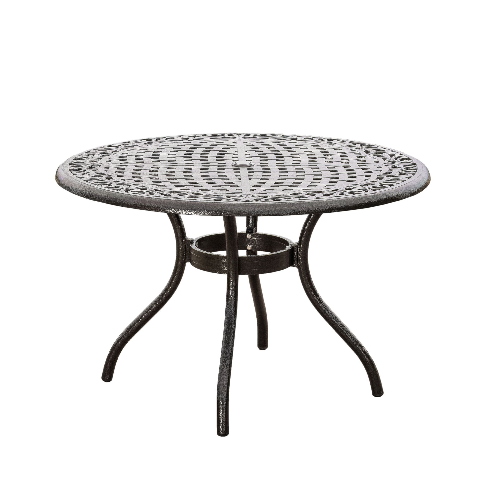 The Tranquilius outdoor round dining table features a black metal lattice tabletop, an umbrella hole, and four curved legs, shown on a white background.