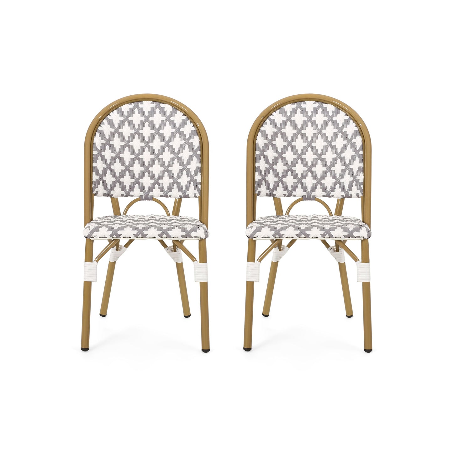 Two Chic French Bistro Chairs with durable rattan and aluminum frames feature gray and white geometric patterned seats and backs, placed side by side against a white background.
