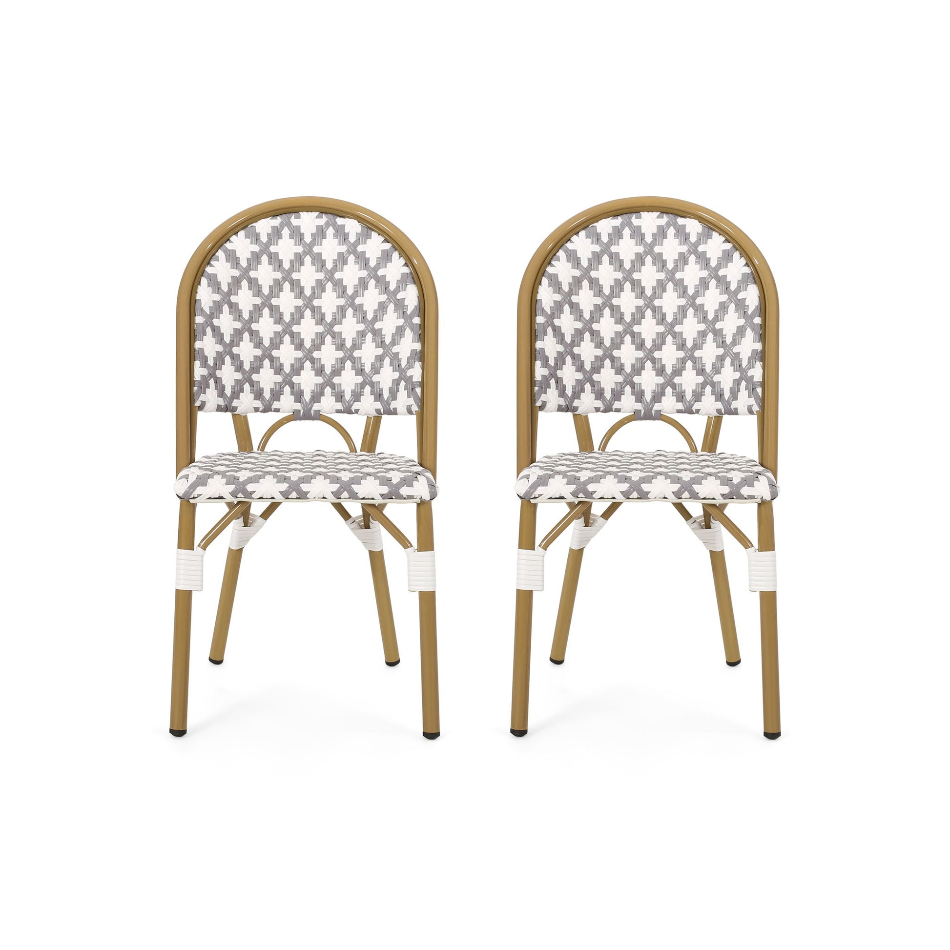 Two Chic French Bistro Chairs with durable rattan and aluminum frames feature gray and white geometric patterned seats and backs, placed side by side against a white background.