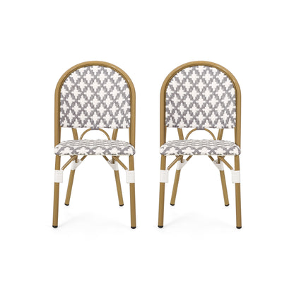 Two Chic French Bistro Chairs with durable rattan and aluminum frames feature gray and white geometric patterned seats and backs, placed side by side against a white background.