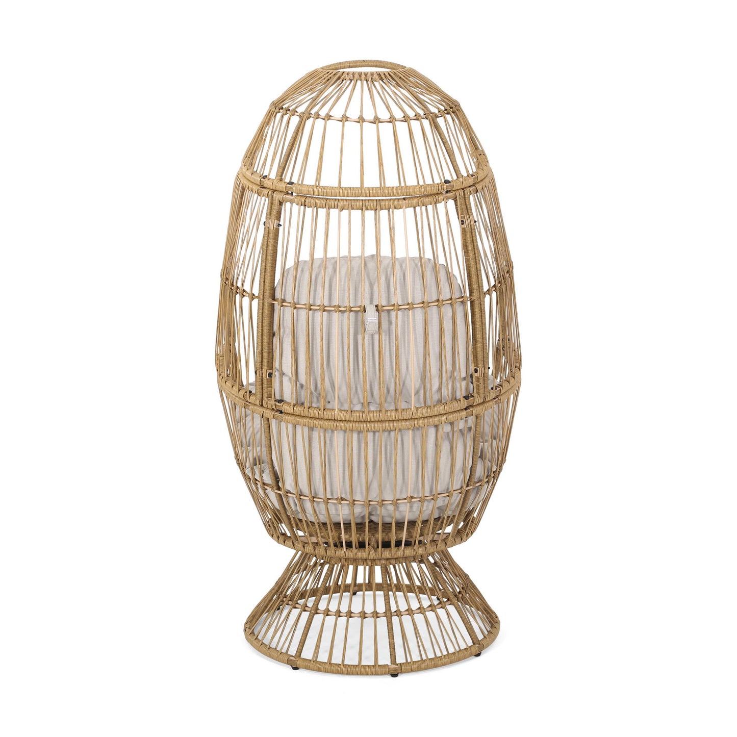 The Patio Swivel Basket Egg Chair With Cushion features a rounded, egg-shaped rattan design with open weaving, a wide base, and a light-colored cushion inside.