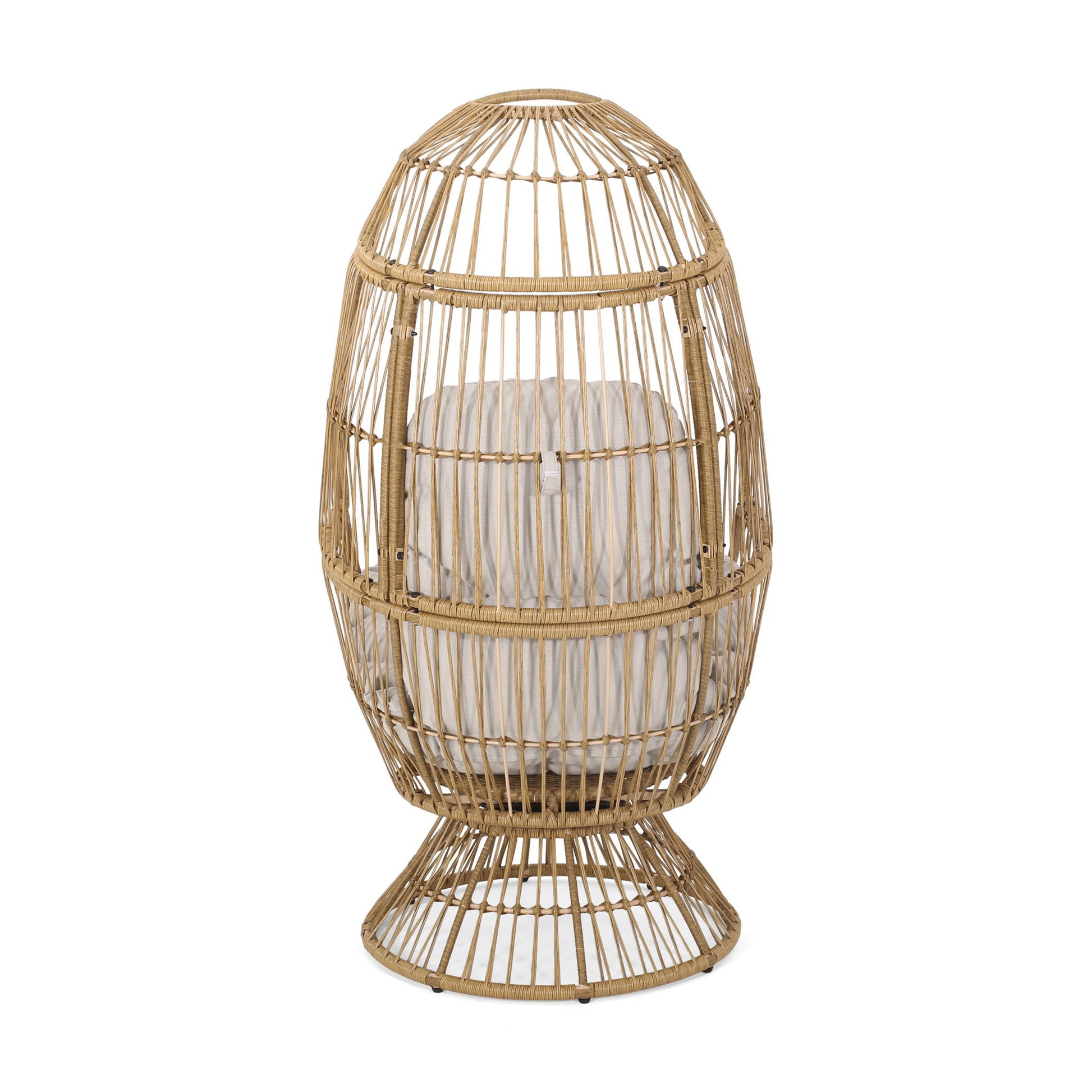 The Patio Swivel Basket Egg Chair With Cushion features a rounded, egg-shaped rattan design with open weaving, a wide base, and a light-colored cushion inside.