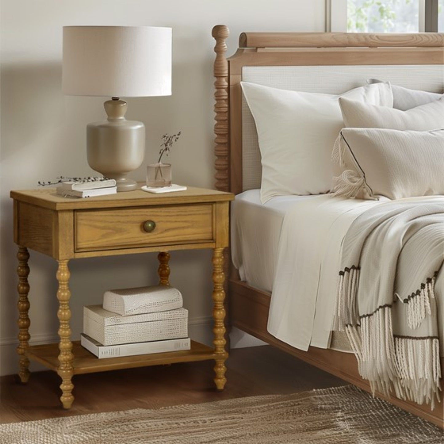A cozy bedroom scene featuring a wooden bed with light bedding and the Traditional Durable Nightstand Table With Drawer And Shelf, holding a lamp, vase, books, decorative pieces on top, and more books stored on its lower shelf.