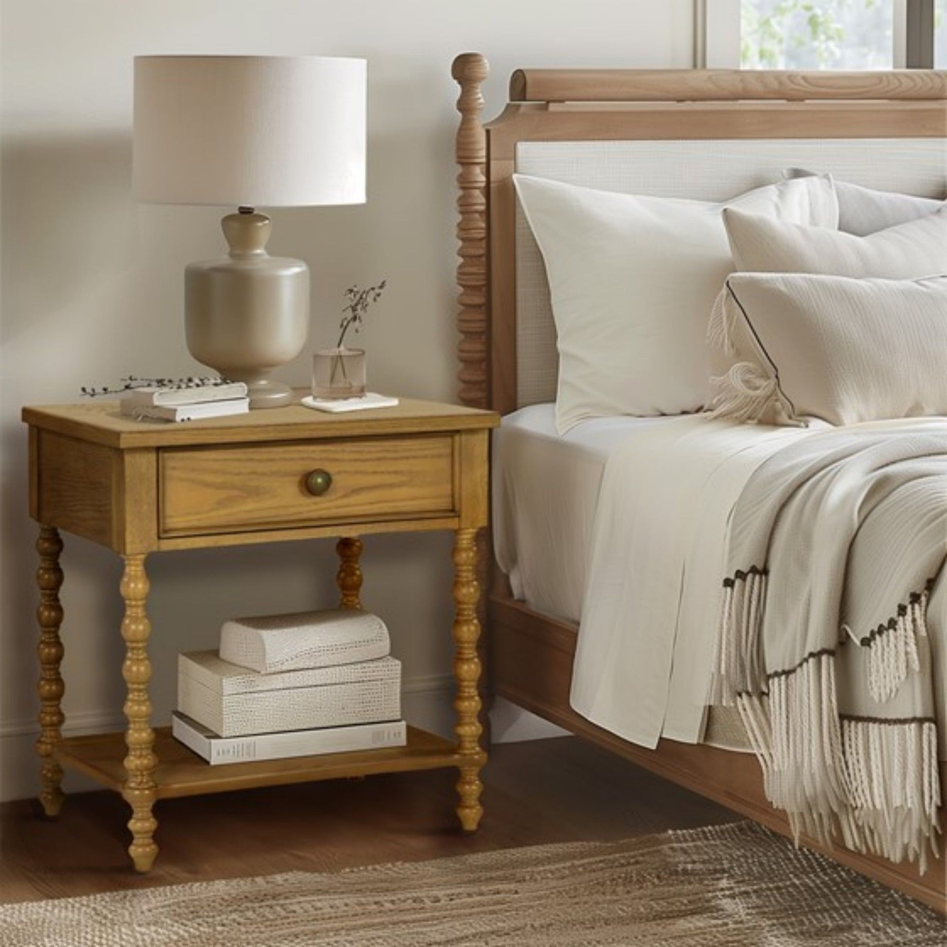 A cozy bedroom scene featuring a wooden bed with light bedding and the Traditional Durable Nightstand Table With Drawer And Shelf, holding a lamp, vase, books, decorative pieces on top, and more books stored on its lower shelf.