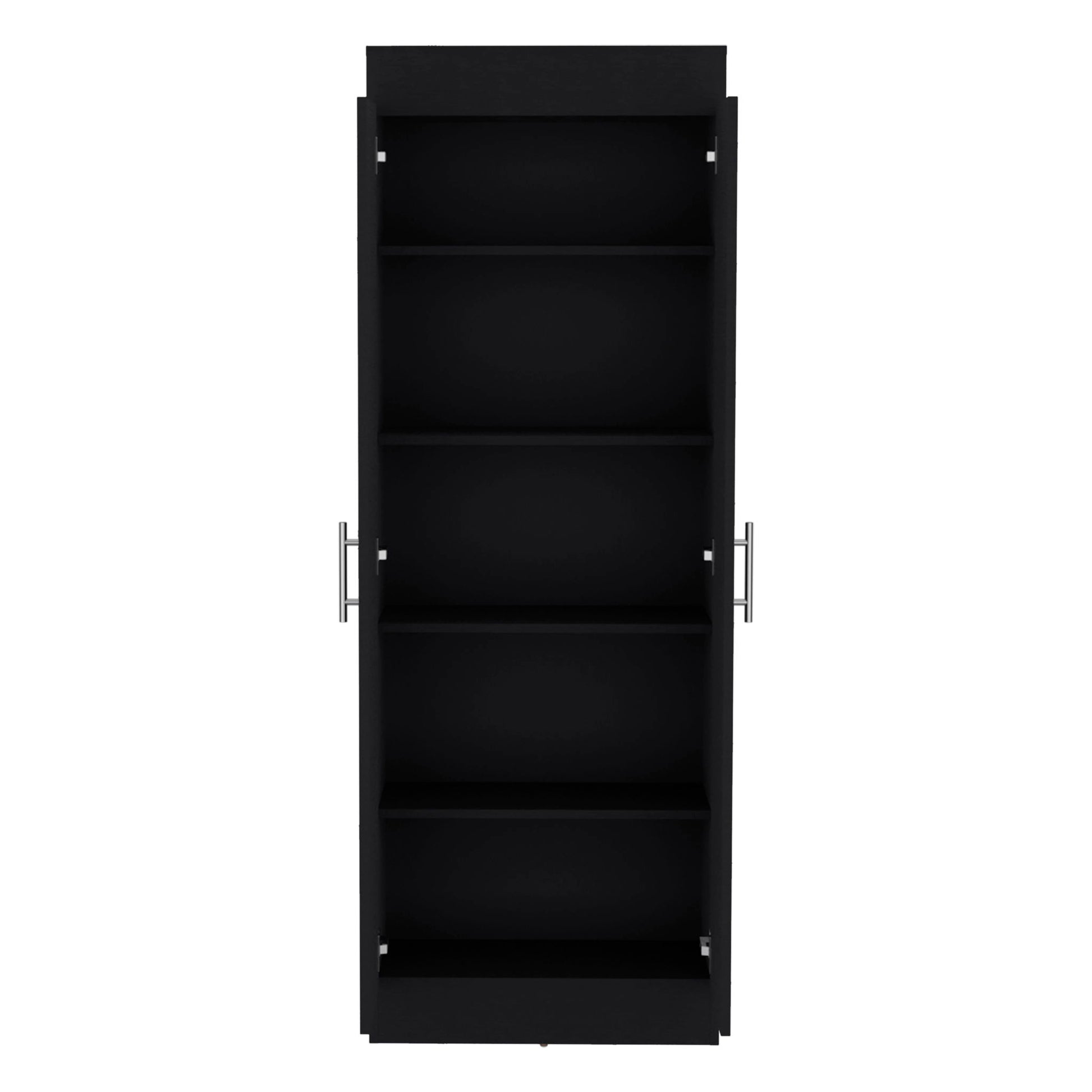 The Clinton - Pantry Cabinet Kitchen Storage in black features four shelves and silver handles on both sides, displayed with open doors and viewed from the front against a white background.