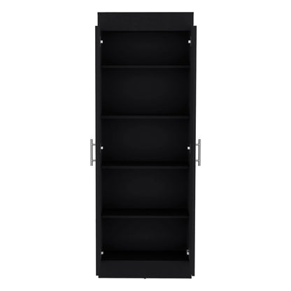 The Clinton - Pantry Cabinet Kitchen Storage in black features four shelves and silver handles on both sides, displayed with open doors and viewed from the front against a white background.
