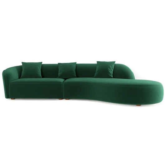 The Elijah - Japandi Style Curvy Sectional Sofa features a modern green design with four matching cushions, a right-side chaise lounge, and low wooden feet.