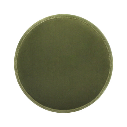 The Fuji Oversized Round Storage Ottoman in olive green features a smooth, velvety finish, shown from above against a white background.