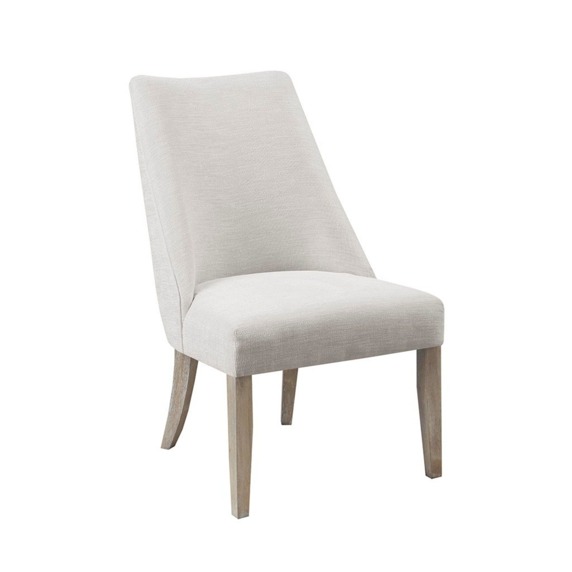 The Comfortable Dining Chair Upholstered (Set of 2) features modern light beige fabric, a slightly angled backrest, and four light wood legs—perfect for dining rooms or as accent seating with simple, elegant style.