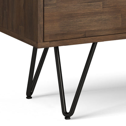 Close-up of the Chase Low Bookcase in Rustic Natural Aged Brown, featuring black metal hairpin legs, displayed against a white background.