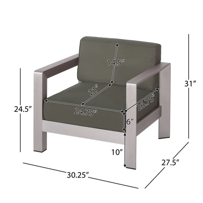 The Aviara - Luxurious Outdoor Club Chair features green cushions, a silver frame, and dimensions: height 31", armrest 24.5", seat height 10", seat depth 26.75", seat width 24.75", back cushion 14.5", chair width 30.25", depth 27.5".
