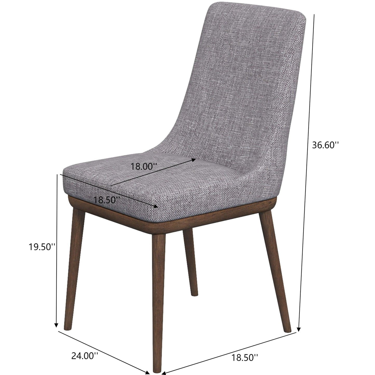 The Kate Mid-Century Modern Dining Chair (Set of 2) features gray fabric seat/back, wooden legs, and dimensions: height 36.6", seat height 19.5", seat width 18", seat depth 18.5", chair width 18.5", chair depth 24".