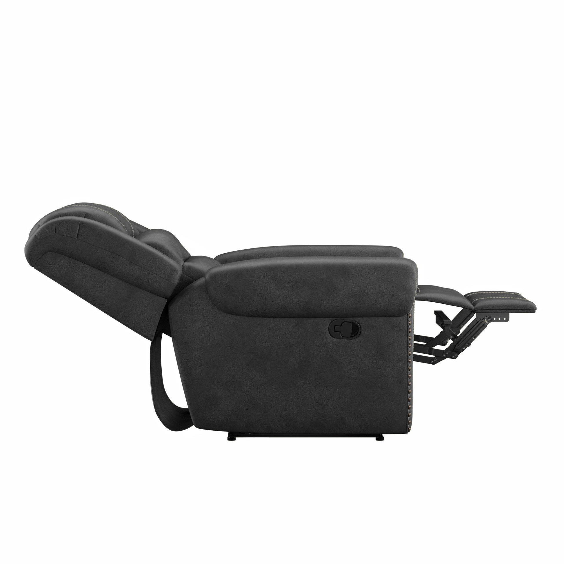 Side view of the Ferrar Reclining Sofa in gray, fully reclined with a raised footrest and cushioned back and seat. Visible seams highlight its ergonomic, comfortable design.