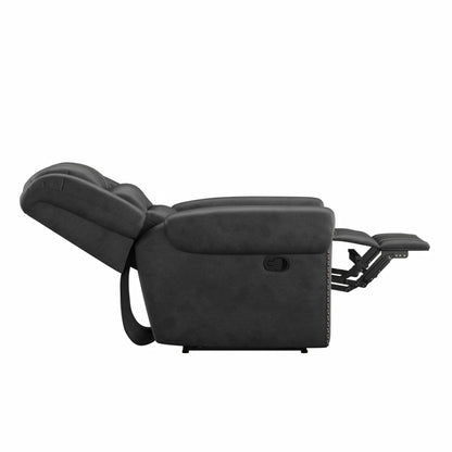 Side view of the Ferrar Reclining Sofa in gray, fully reclined with a raised footrest and cushioned back and seat. Visible seams highlight its ergonomic, comfortable design.