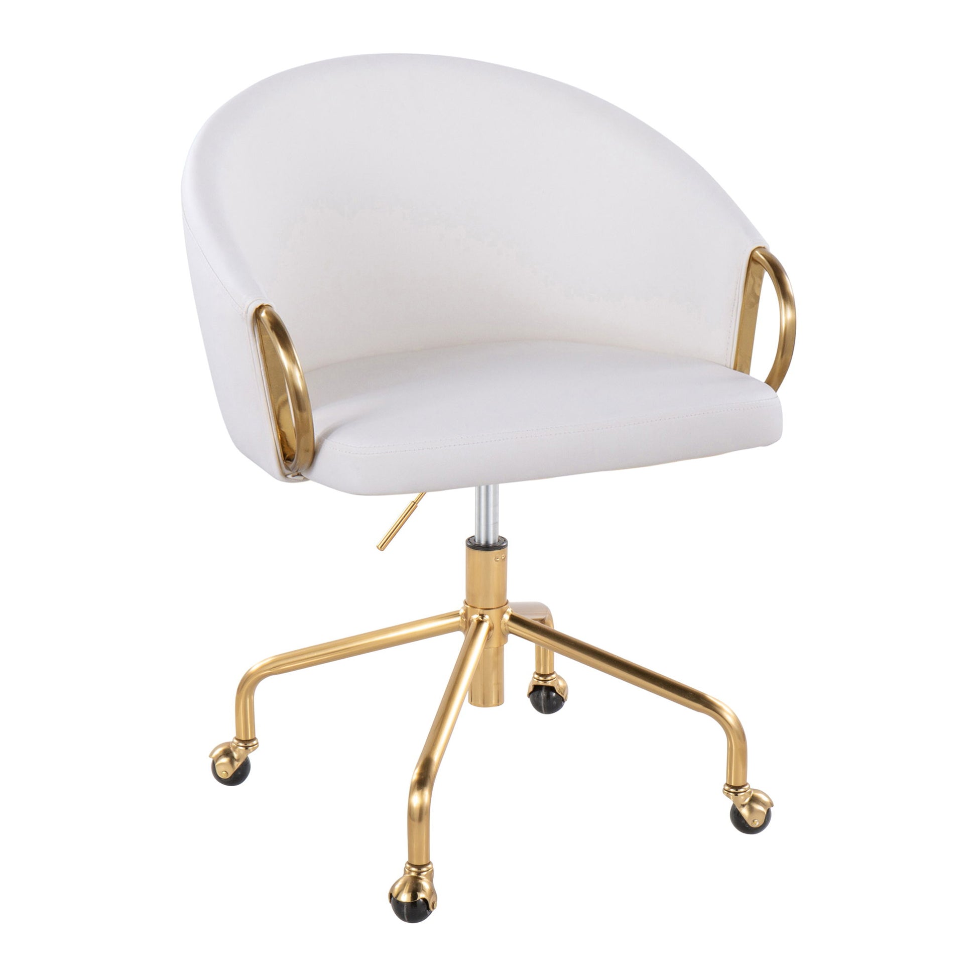 The Claire Task Chair features a stylish contemporary design with a white cushioned seat and backrest, gold metal armrests, and a gold five-wheel base.