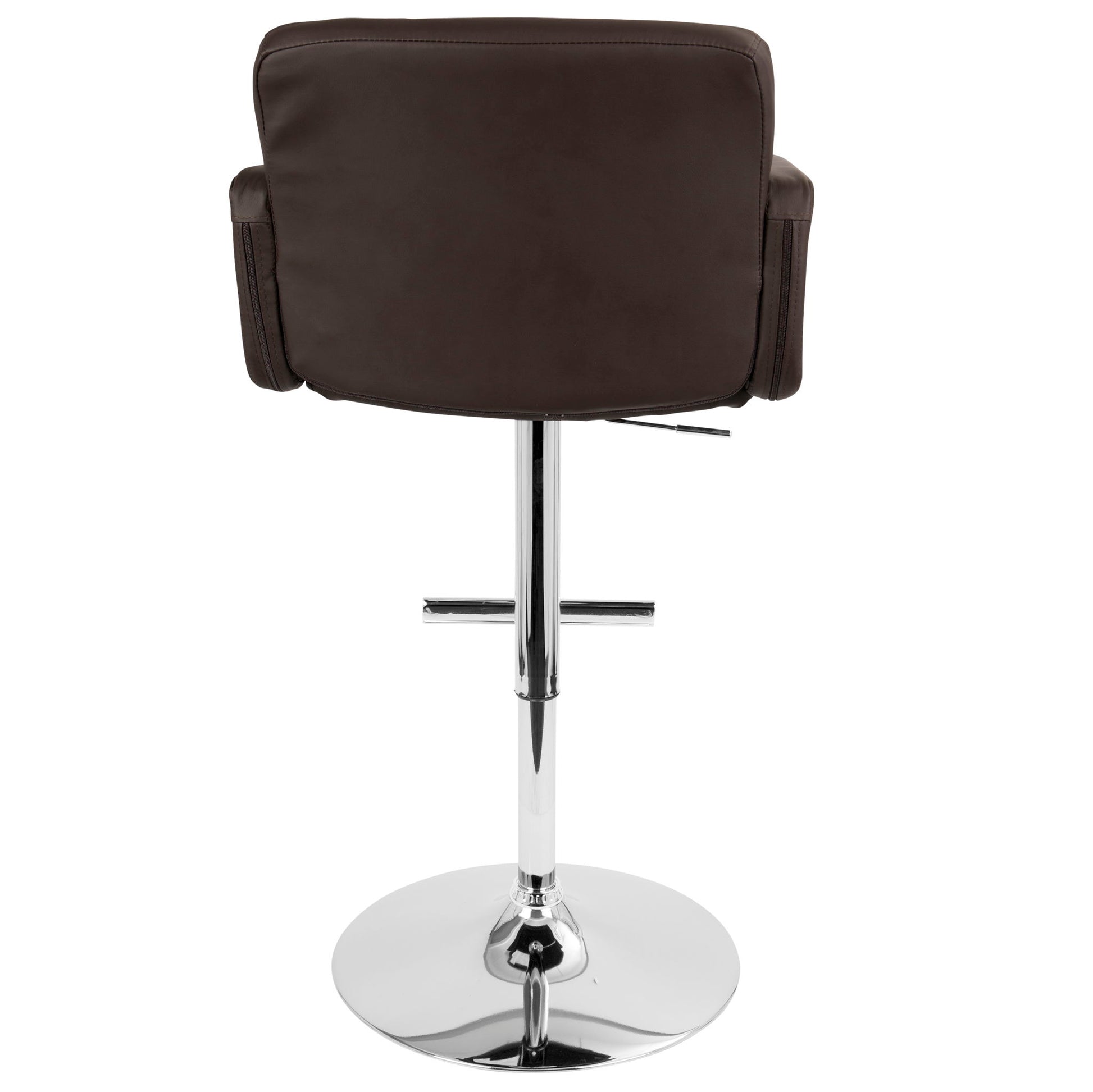 The Stout Contemporary Adjustable Barstool with Swivel features brown cushioning, armrests, a chrome metal base, and a footrest. Shown from the back.