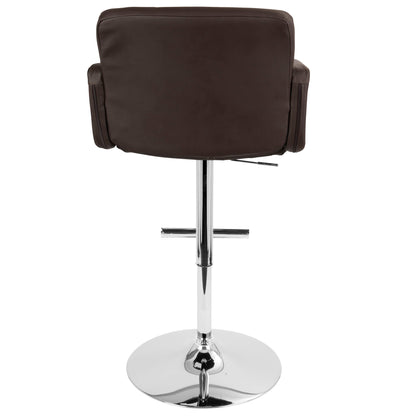 The Stout Contemporary Adjustable Barstool with Swivel features brown cushioning, armrests, a chrome metal base, and a footrest. Shown from the back.