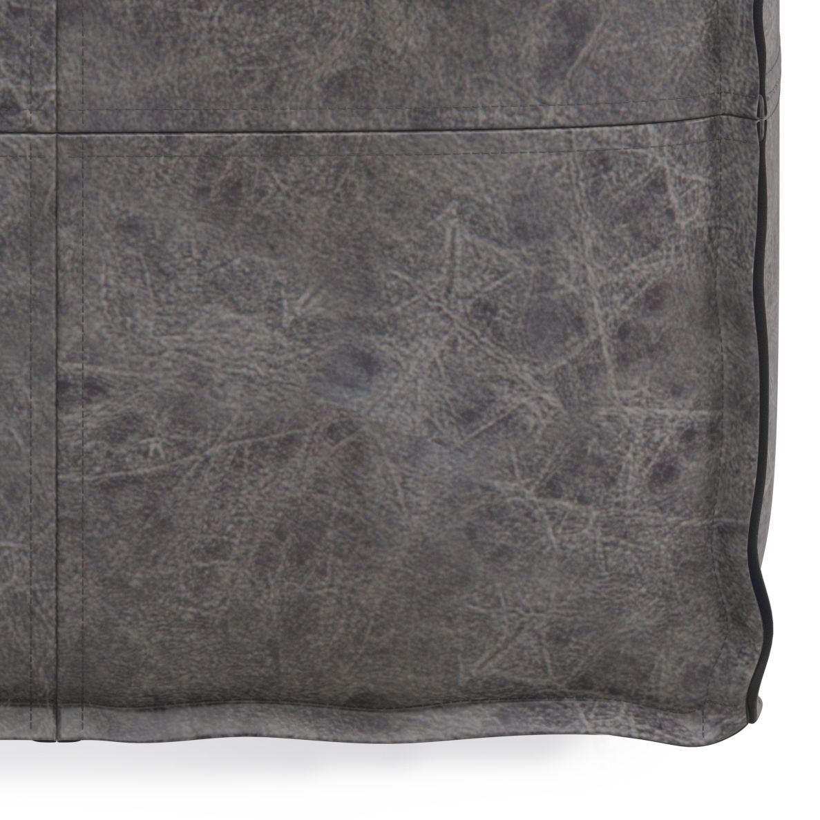 Close-up of the Brody - Versatile Square Pouf, featuring textured, weathered gray leather with visible stitching, subtle creases, and detailed surface patterns for a slightly worn look.