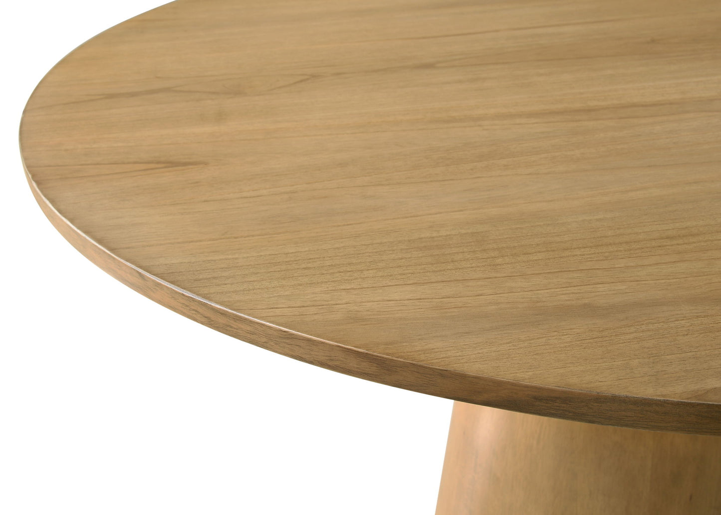 Close-up of the Jasper Wide Contemporary Round Dining Table, featuring a smooth light brown surface and part of its cylindrical base, paired with fabric chairs.