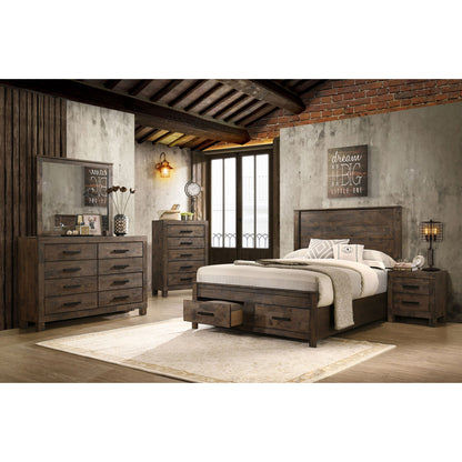 Greely - 5 Piece King Storage Bedroom Set Includes Bed, Nightstand, Dresser, Mirror & Chest - Rustic Brown