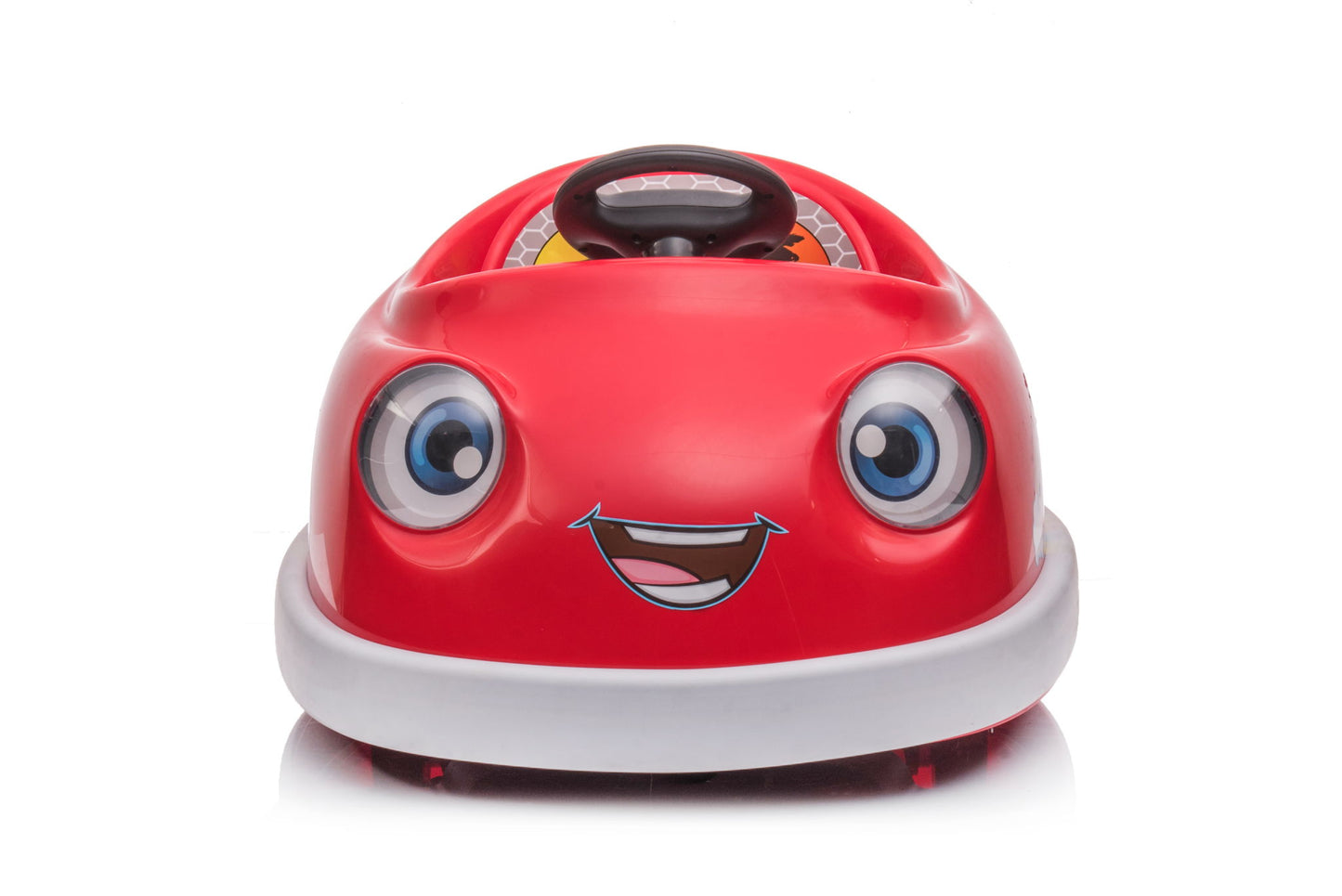 The Bumper Car For Kids is a red 12V electric ride-on car for ages 1-6, featuring a cartoon face with large blue eyes, smiling mouth, black steering wheel, white bumper, dinner plate, pushrod, USB/Bt music & rocking horse mode.