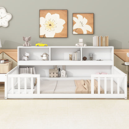 A Floor Bed With Bedside Bookcase, Shelves, and Guardrails is featured in a softly colored room. Books, toys, and decor on the shelving add organization, while neutral tones and plush accents create a cozy space for toddlers.