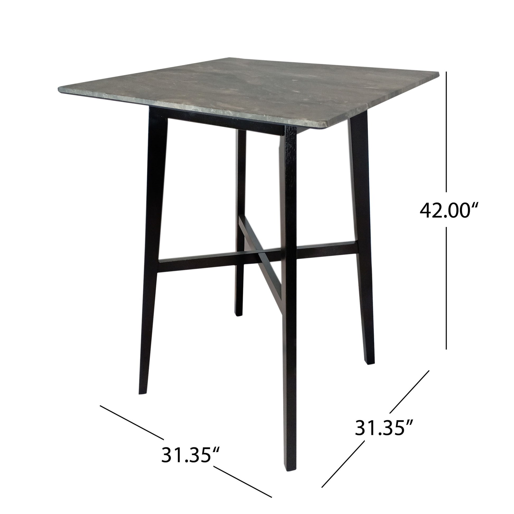 The Modern Bar Height Dining Table features a 42-inch tall square design, measuring 31.35 inches wide per side, with a dark laminate top and slim rubberwood legs. Dimension lines highlight its height and width.