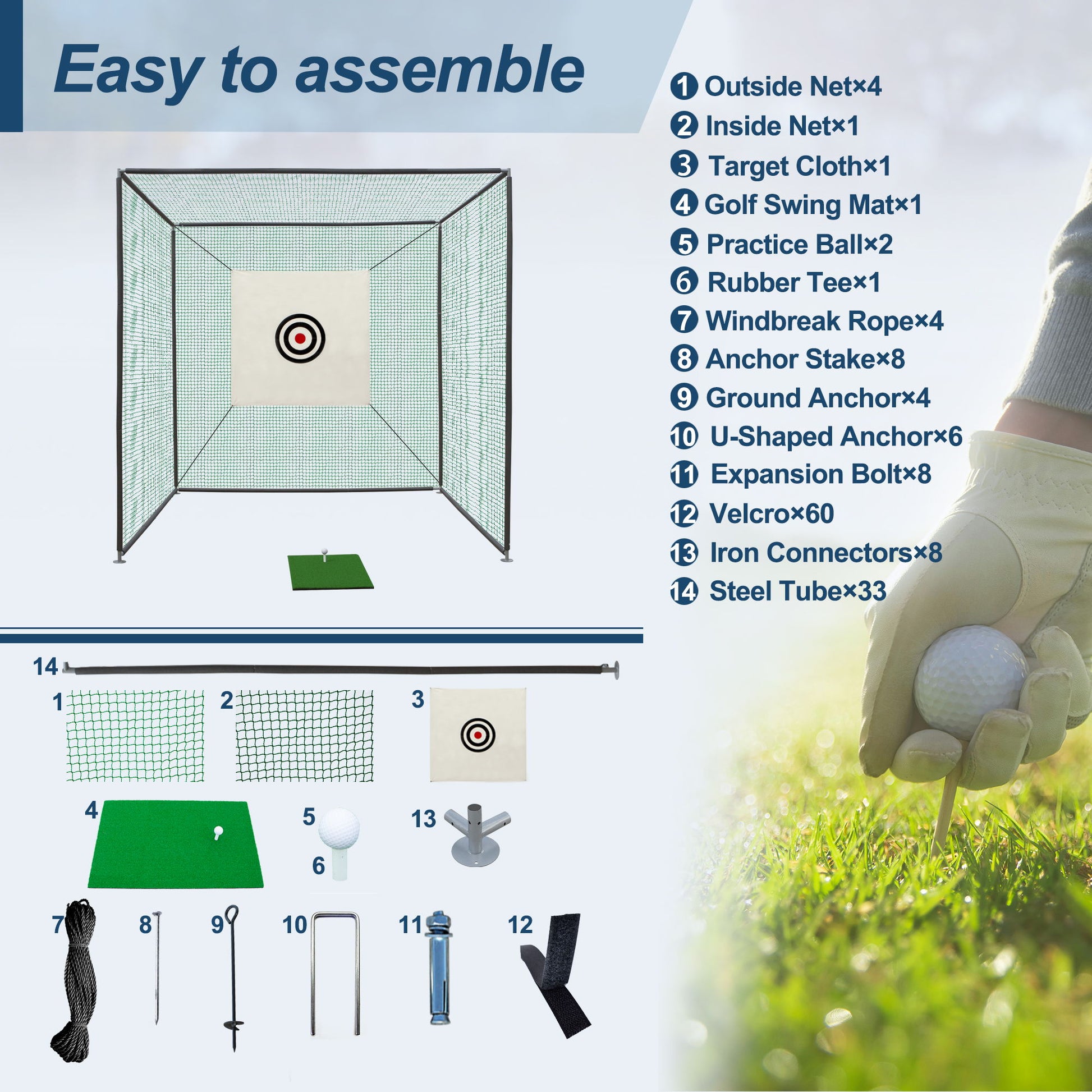 The Golf Practice Net Cage With Metal Frame Hitting Net Kit Indoor Outdoor - Black is shown with a labeled parts list, assembly diagram, and a close-up of a hand holding a golf ball on grass. The set includes nets, target cloth, mat, balls, tees, and accessories.