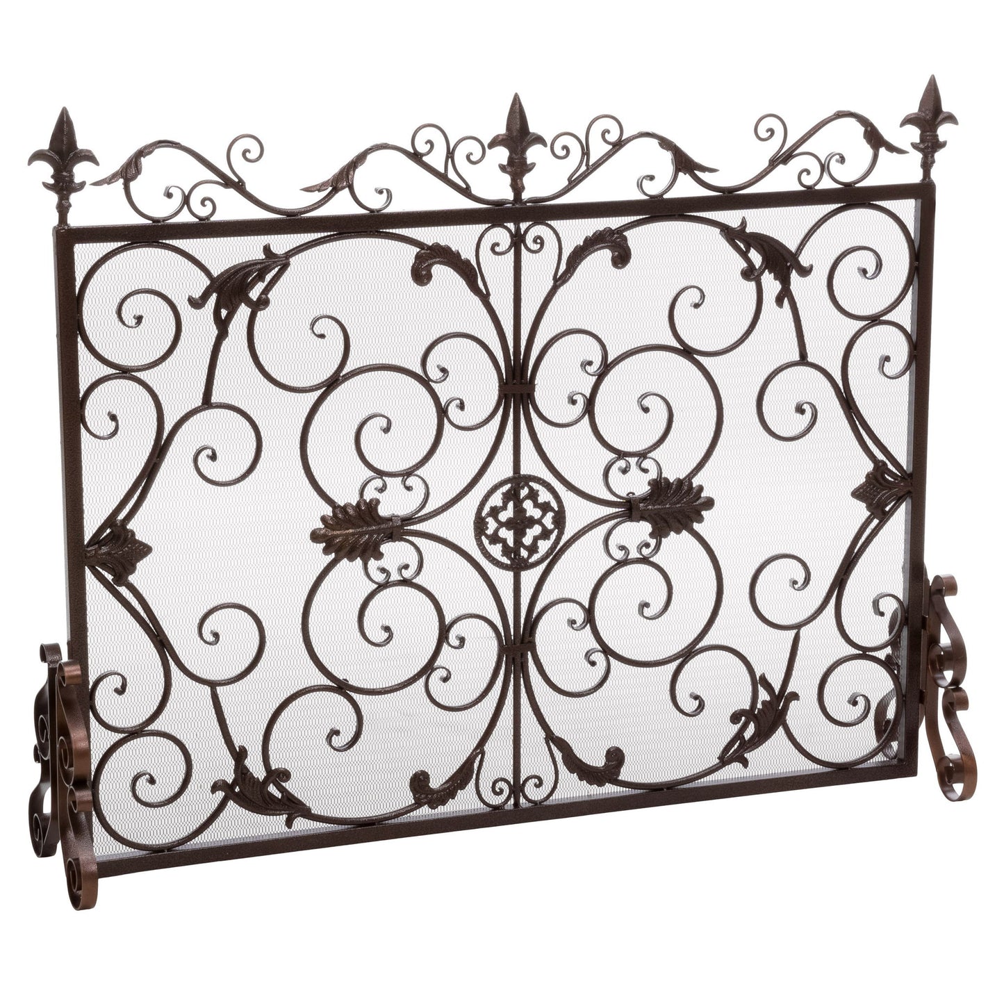 The Darcie - Wrought Fireplace Screen features an ornate black metal design with scrollwork, leaf accents, and fleur-de-lis finials, standing upright on two curved legs against a white background.