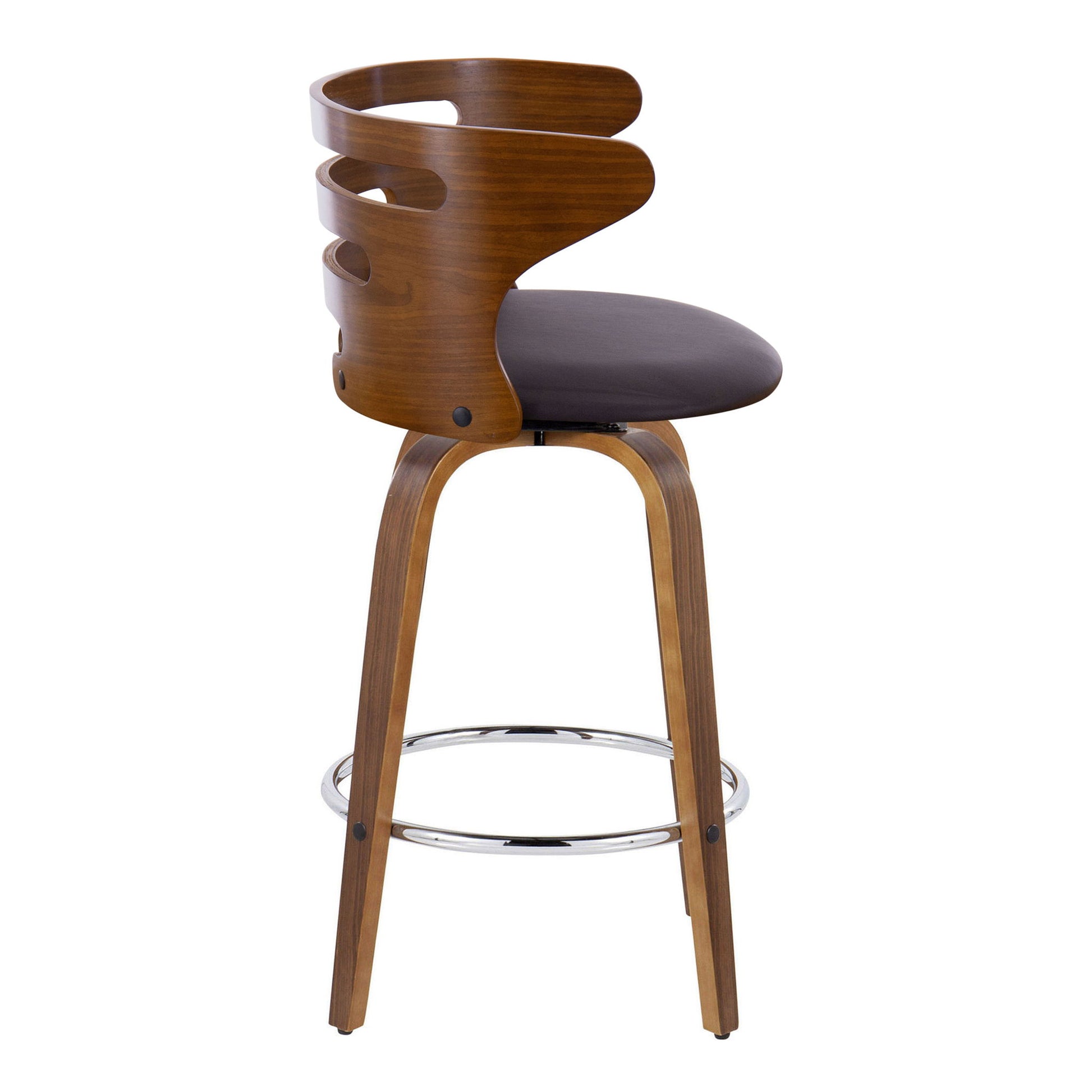 The Cosini Mid Century Modern Fixed Height Barstool features a curved open-back design, dark padded seat, four angled wooden legs, swivel function, and a round metal footrest. Shown here at a side angle. Set of 2.