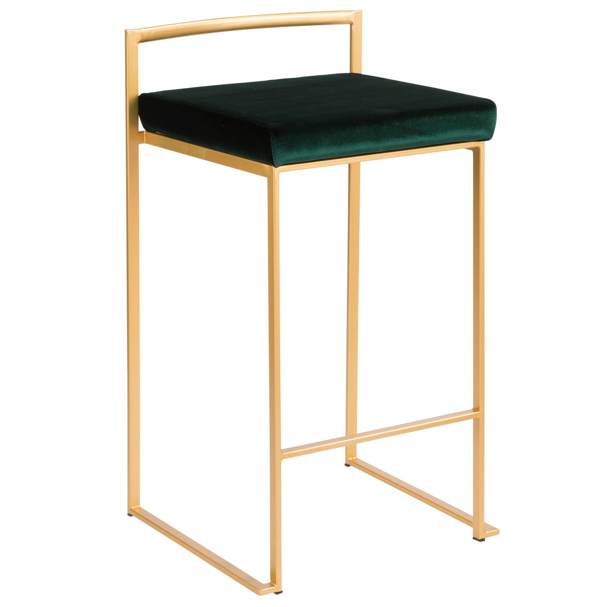 The Fuji Contemporary/Glam Counter Stool (Set of 2) features a gold metal frame, rectangular dark green velvet cushion seat, minimalist backrest, and an open, airy design for a modern touch.