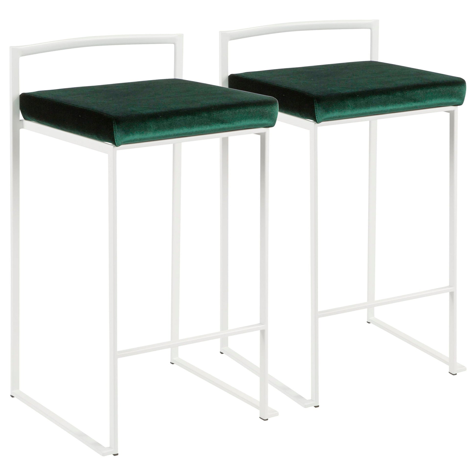 The Fuji - Simple Elegance Contemporary Stackable Counter Stool features a minimalistic design with a thin white metal frame and a square green velvet seat cushion, complemented by a simple backrest for modern style.