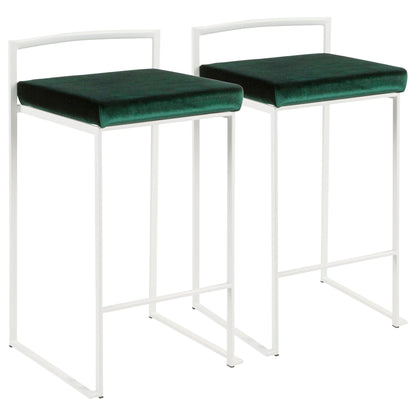 The Fuji - Simple Elegance Contemporary Stackable Counter Stool features a minimalistic design with a thin white metal frame and a square green velvet seat cushion, complemented by a simple backrest for modern style.