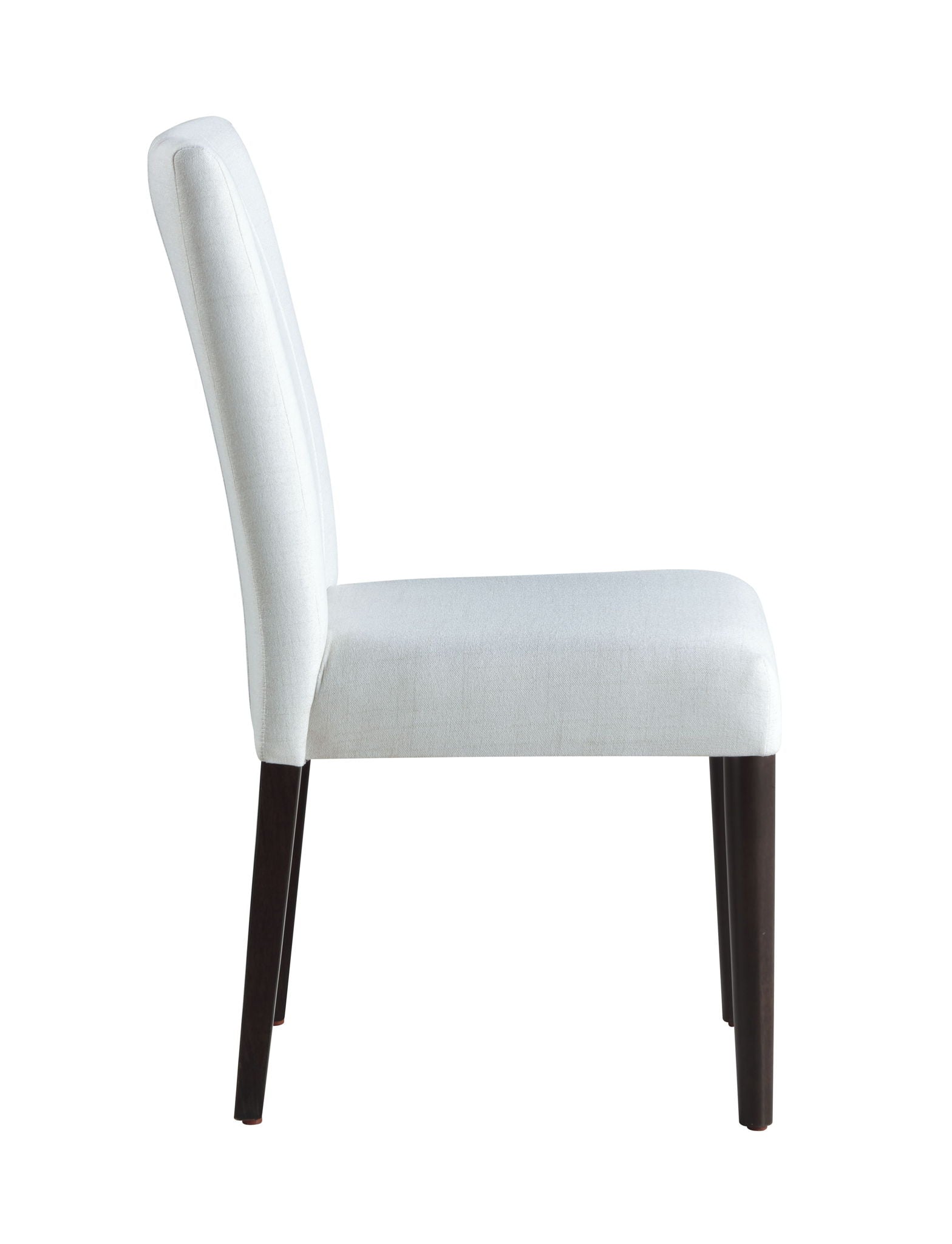 Side view of the Carena - Side Chair (Set of 2) in white, featuring a modern design with upholstered seat and backrest, four straight dark wooden legs, shown against a plain white background.