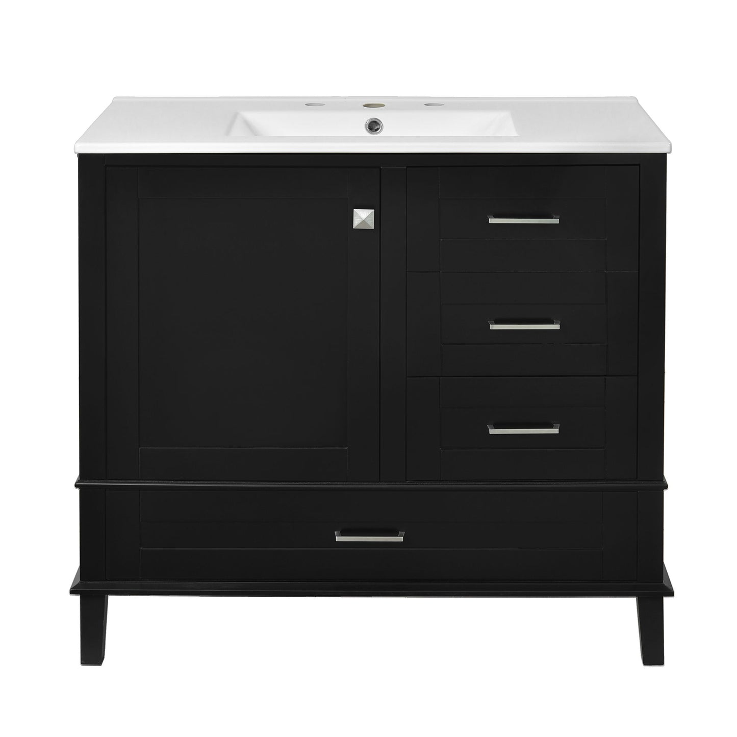 The Bathroom Vanity is a modern cabinet with a white countertop, built-in sink, soft-closing left cabinet door, and three right drawers with silver handles—all in a solid wood frame.