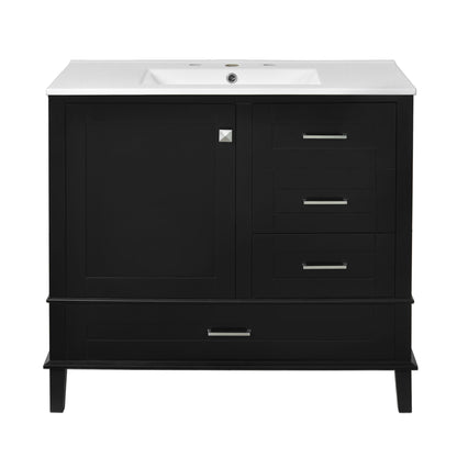 The Bathroom Vanity is a modern cabinet with a white countertop, built-in sink, soft-closing left cabinet door, and three right drawers with silver handles—all in a solid wood frame.