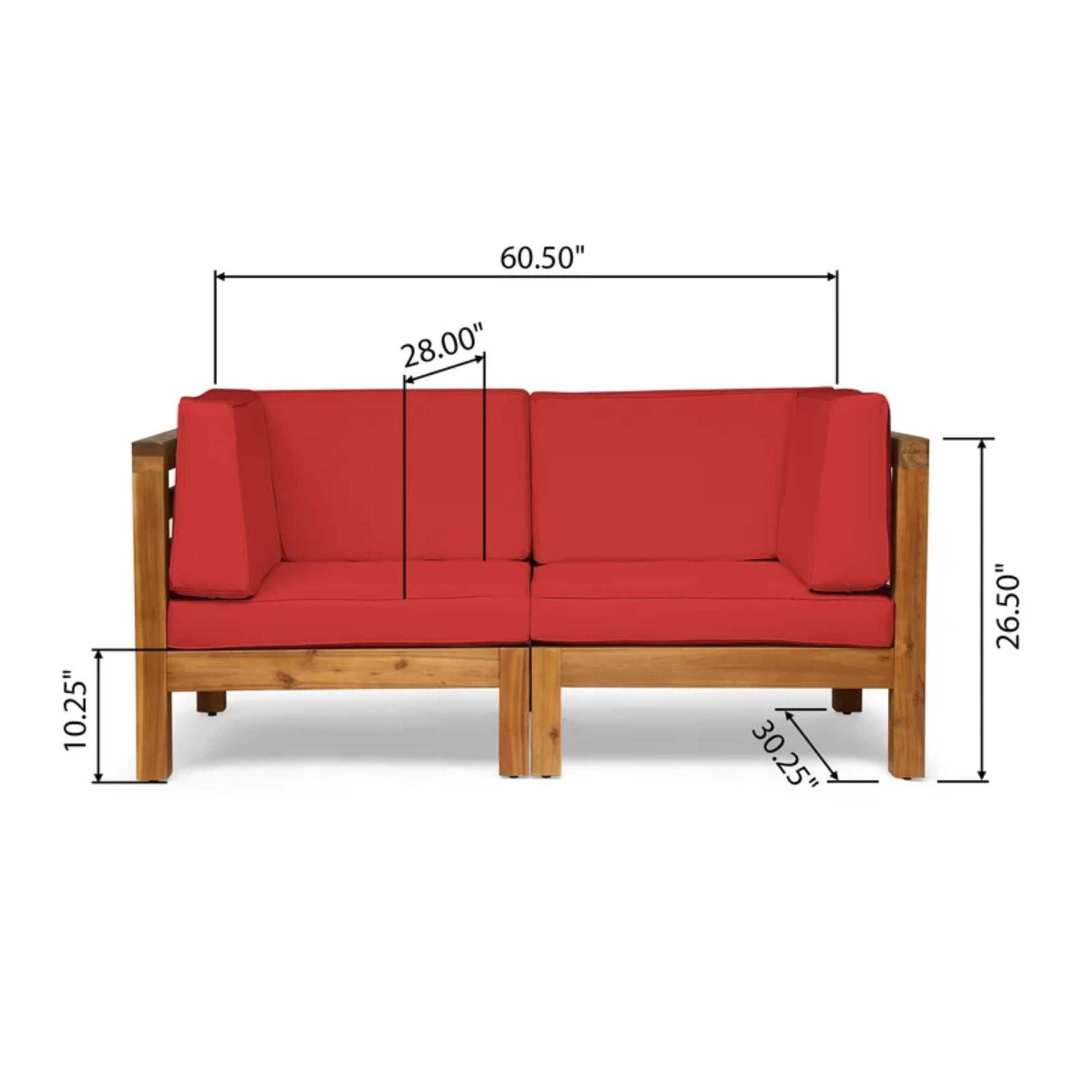 The Oana 2 Piece Loveseat Set features a wooden frame with red water-resistant cushions and measures 60.5" W x 26.5" H x 30.25" D, with a seat height of 10.25" and seat depth of 28".