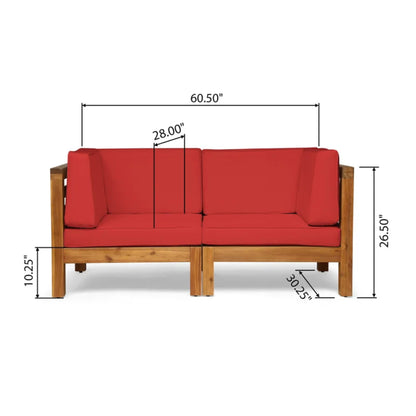 The Oana 2 Piece Loveseat Set features a wooden frame with red water-resistant cushions and measures 60.5" W x 26.5" H x 30.25" D, with a seat height of 10.25" and seat depth of 28".