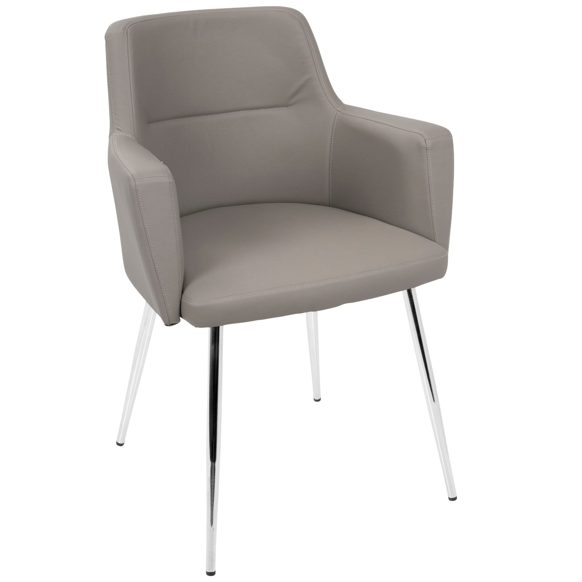 The Andrew Contemporary Dining Chair set features light gray upholstery, angled armrests, and four slender, shiny chrome legs. Comes as a set of 2.