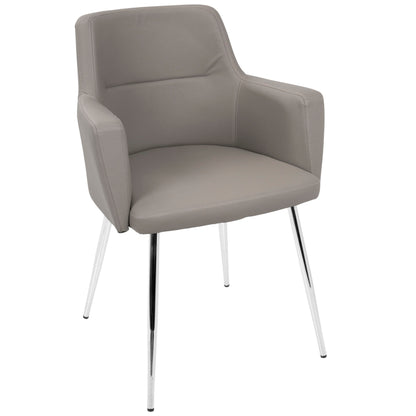 The Andrew Contemporary Dining Chair set features light gray upholstery, angled armrests, and four slender, shiny chrome legs. Comes as a set of 2.