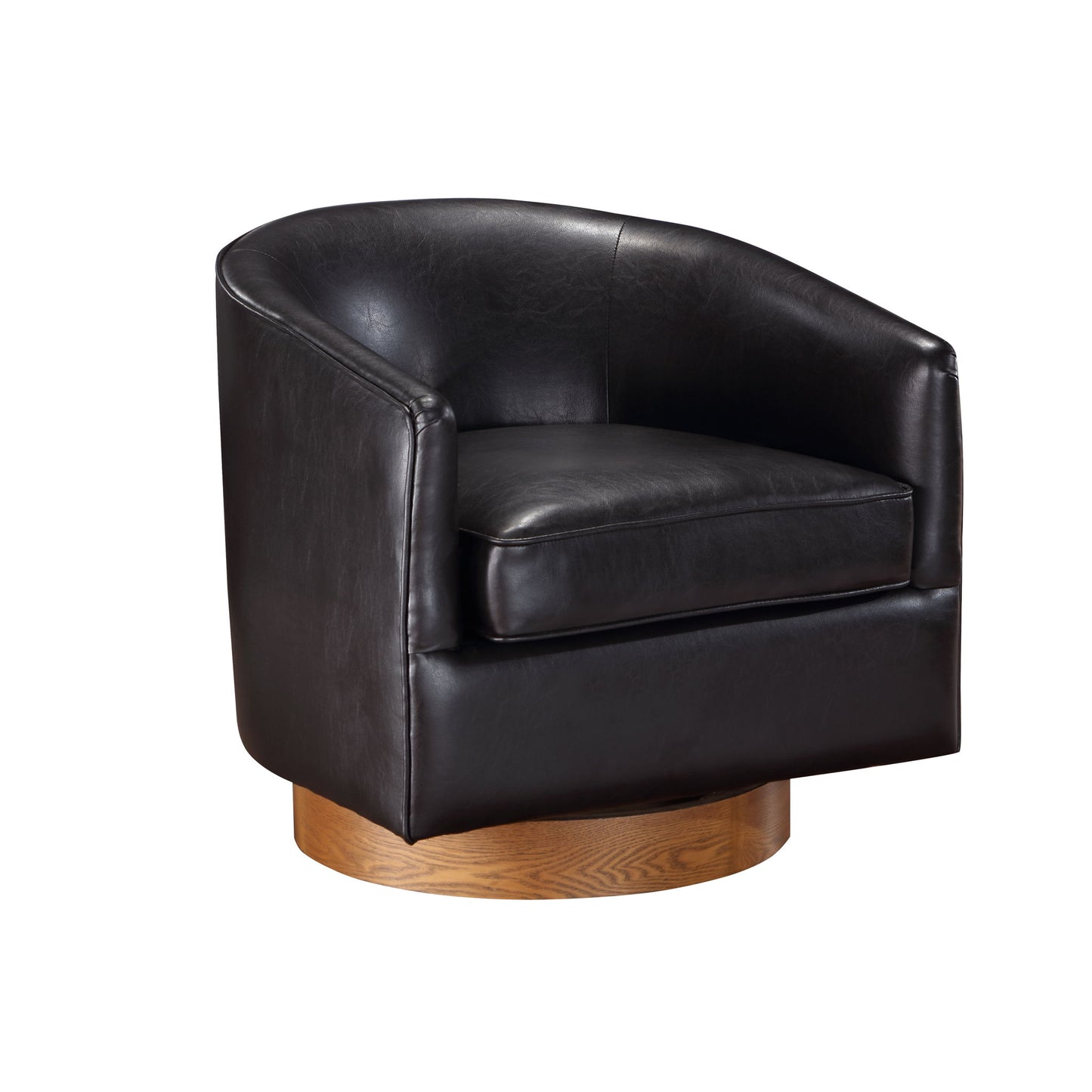 The Maisy - Barrel Swivel Chair is a black leather chair with a curved backrest and seat cushion, set on a circular wooden base, displayed against a white background.