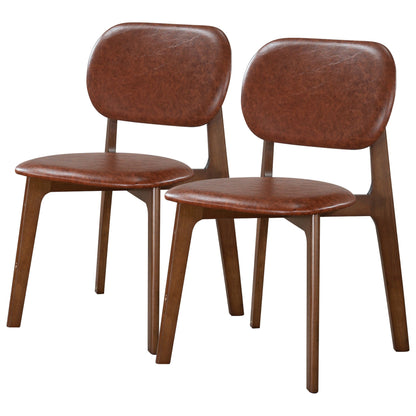 The Kelsey - Stylish Dining Chair (Set of 2) features brown faux leather seats and backs with wooden legs, positioned side by side against a white background.