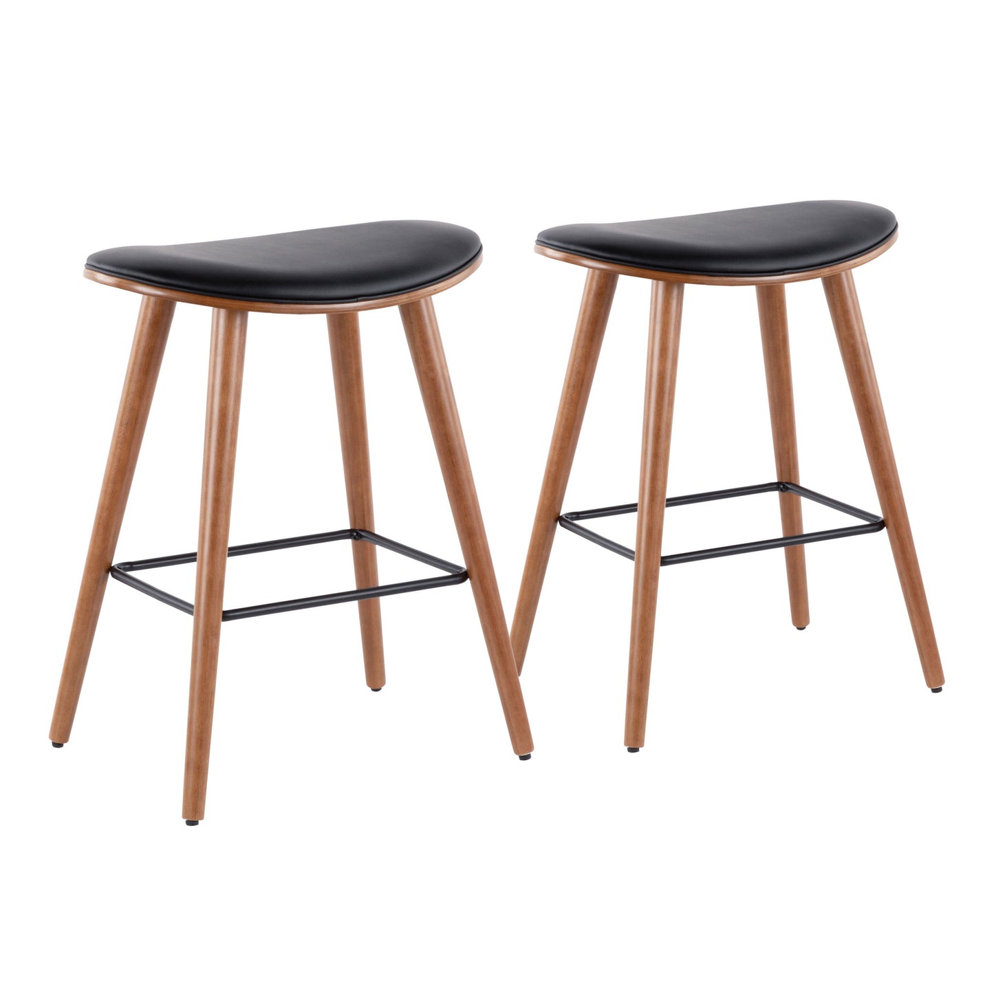 A set of two Saddle - Contemporary Counter Stools with wooden frames, angled legs, metal footrests, and black curved seats are placed side by side against a white background.