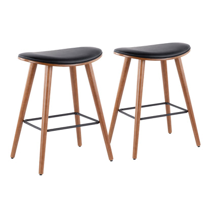 A set of two Saddle - Contemporary Counter Stools with wooden frames, angled legs, metal footrests, and black curved seats are placed side by side against a white background.