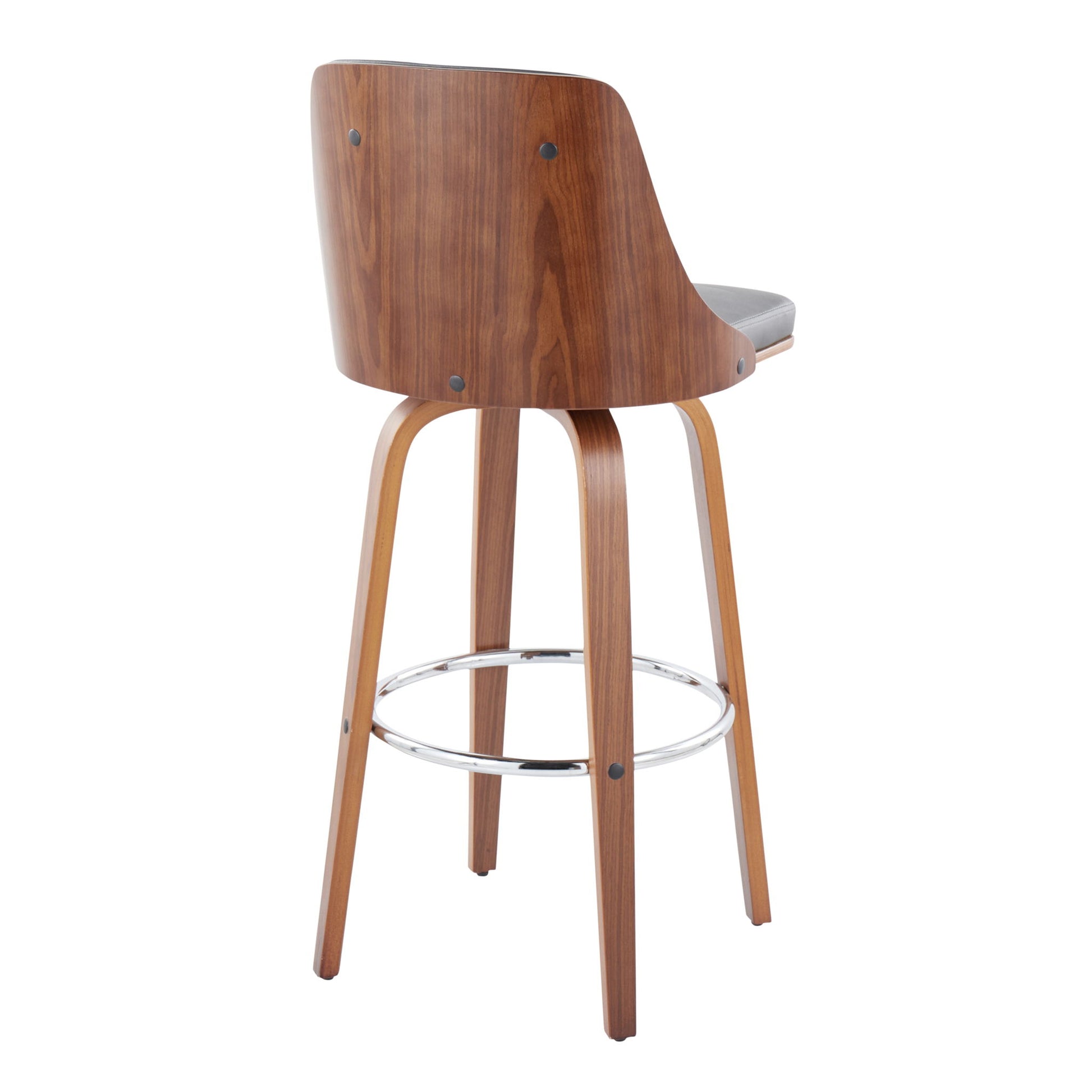 The Gianna Mid Century Modern Barstool set features four legs, a curved backrest, cushioned seat, circular metal footrest, and a medium brown wood finish. Shown from behind. Set of 2 with fixed height and swivel function.