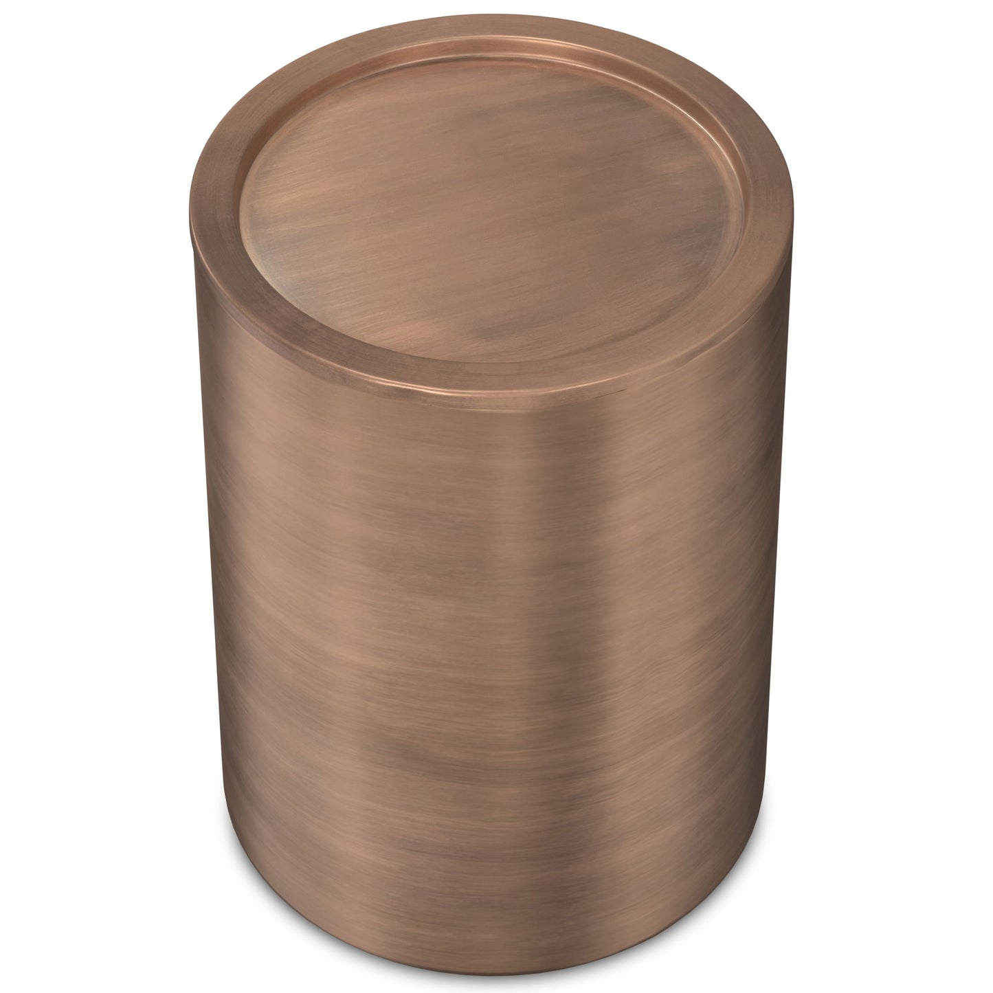 The Corbin Handcrafted Metal Side Table is a cylindrical piece with a smooth, brushed copper finish and a flat, round top.