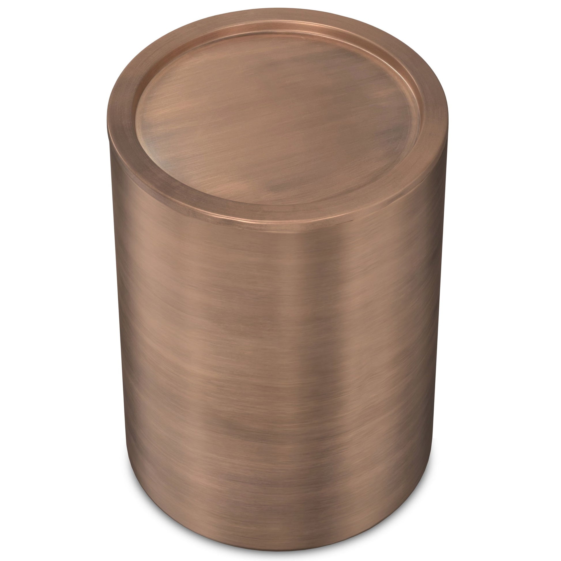 The Corbin Handcrafted Metal Side Table is a cylindrical piece with a smooth, brushed copper finish and a flat, round top.