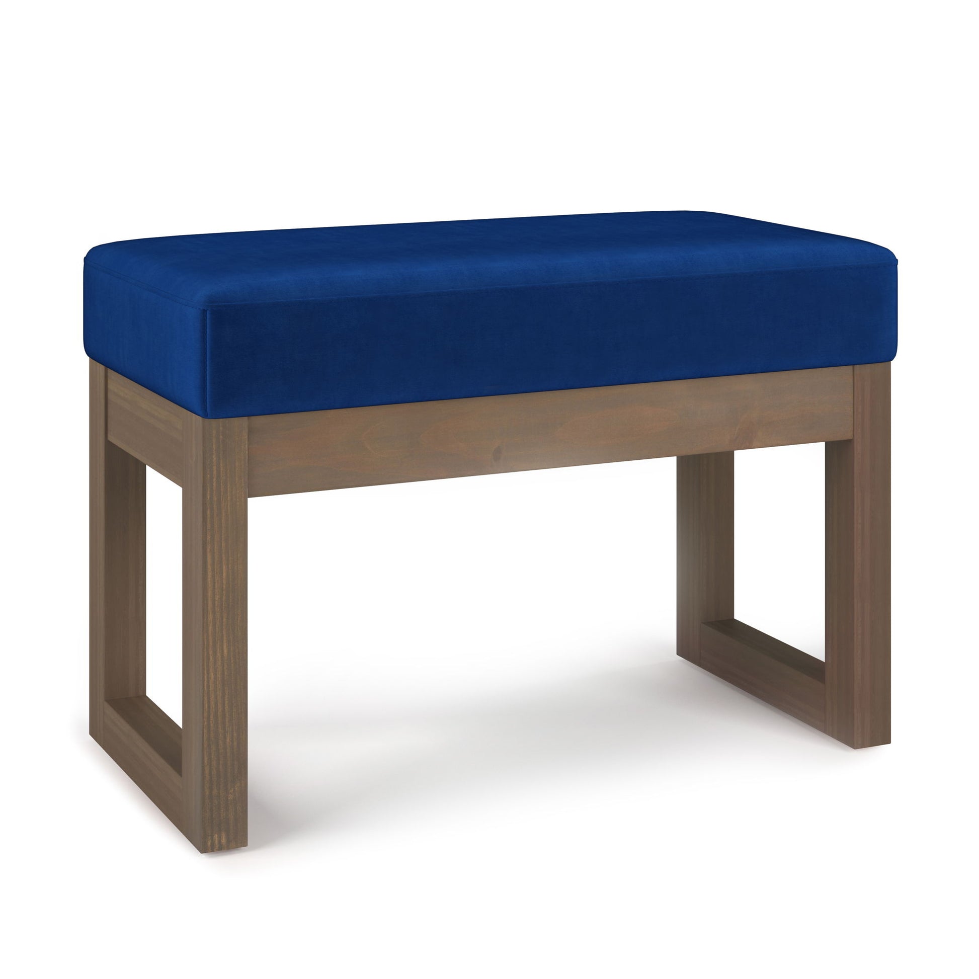 The Milltown Upholstered Ottoman Bench features a blue cushioned seat and a wooden base with clean lines and open rectangular legs, all showcased against a white background.